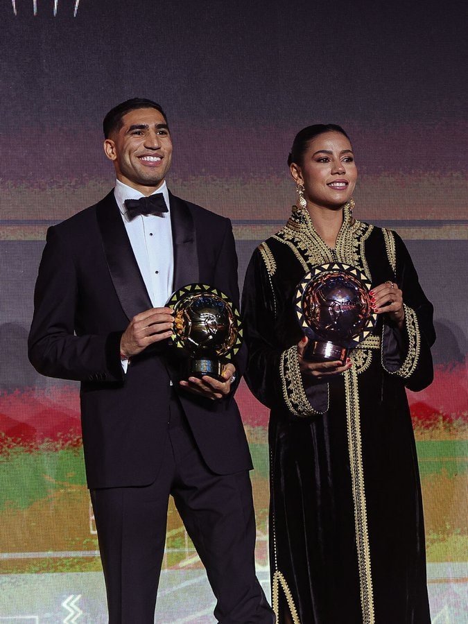 Achraf Hakimi, Ghizlane Chebbak at the  CAF Awards 2025 in Rabat. 