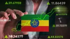 Market analysis of Ethiopia’s economy and stock market performance with national flag overlay.