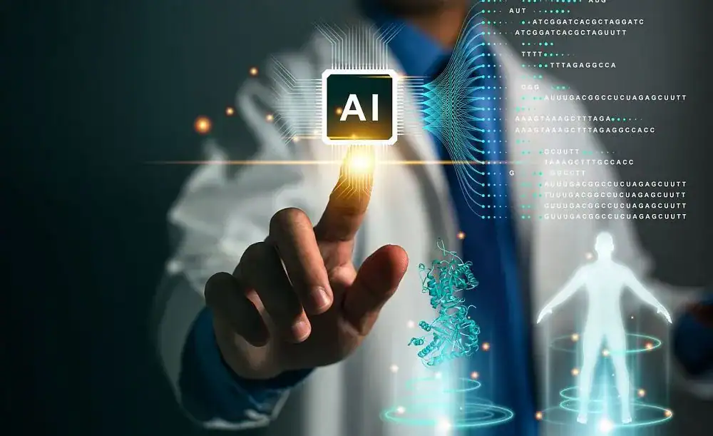 Digital AI interface with healthcare and human body graphics.