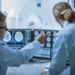 Medical researchers examining brain scans on multiple monitors in a lab.