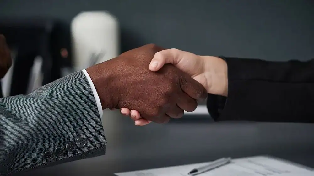 Handshake between two businesspeople, symbolizing partnership and agreement.