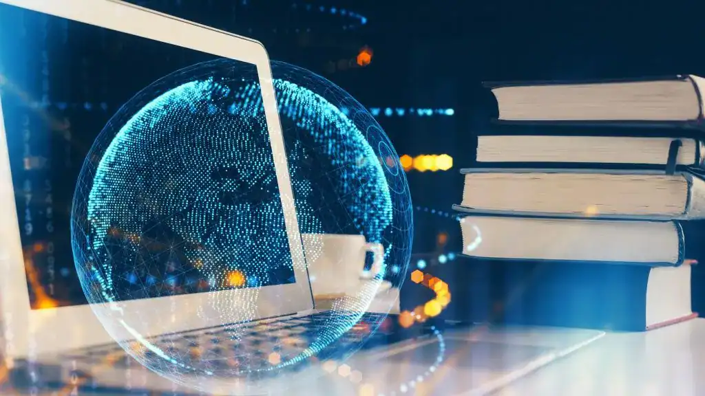 Digital globe with a laptop and books representing technology and knowledge.