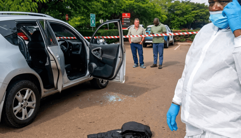 Three Killed in Witbank Mall Robbery as Hawks Nab Cross-Border Suspects. Accident scene with police, forensic investigators, and damaged vehicle in a park setting.