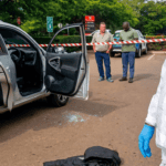 Three Killed in Witbank Mall Robbery as Hawks Nab Cross-Border Suspects. Accident scene with police, forensic investigators, and damaged vehicle in a park setting.