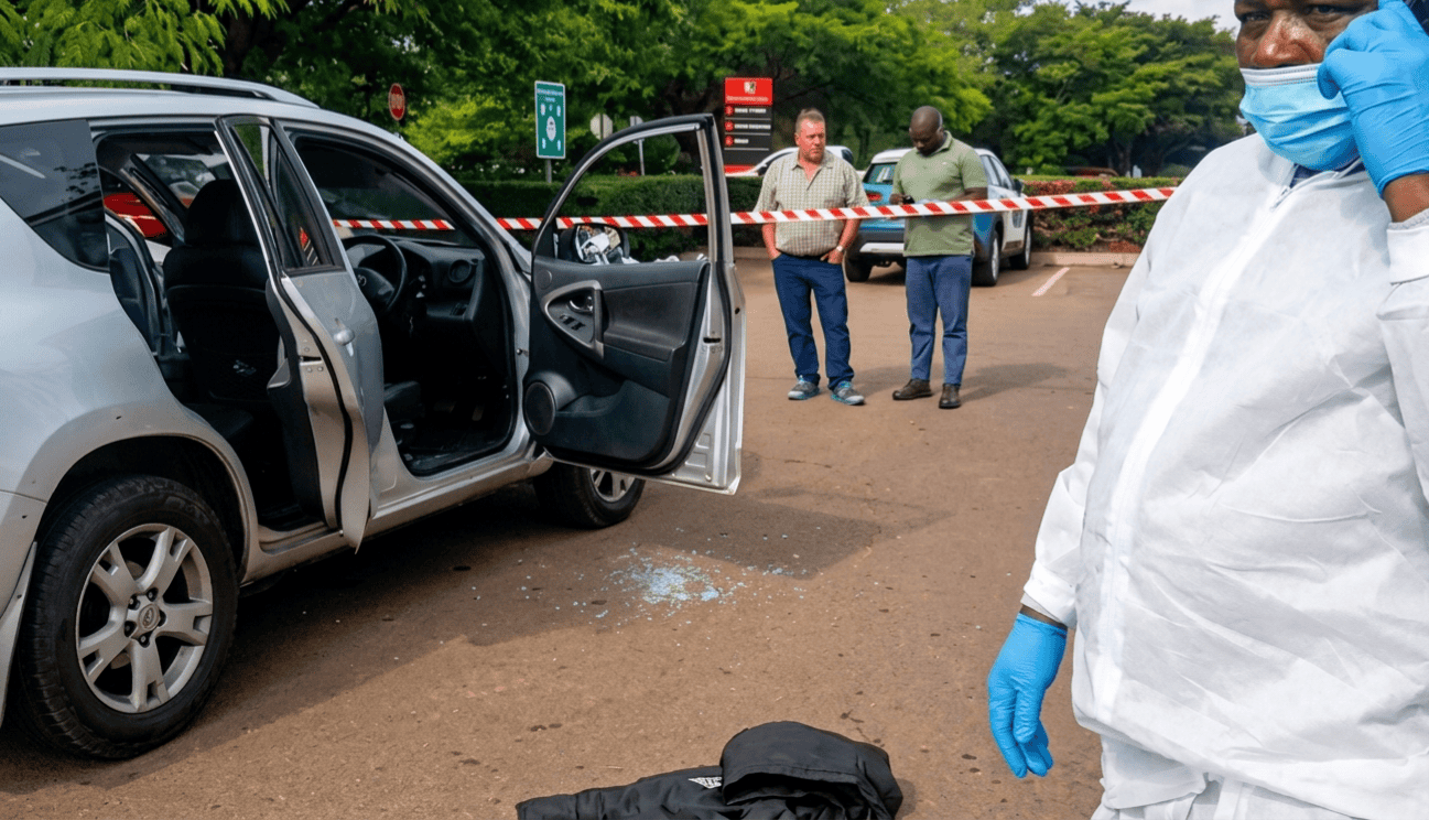 Three Killed in Witbank Mall Robbery as Hawks Nab Cross-Border Suspects. Accident scene with police, forensic investigators, and damaged vehicle in a park setting.