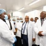 South African President Cyril Ramaphosa with Health Minister Aaron Motsoaledi and Gauteng Premier Panyaza Lesufi