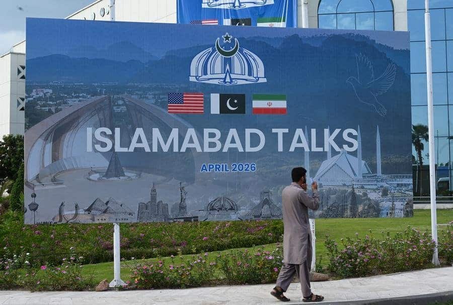 This photo taken on April 11, 2026 shows a billboard for the U.S.-Iran talks in Islamabad, Pakistan.