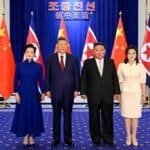Xi Jinping, general secretary of the Communist Party of China Central Committee and Chinese president, and his wife Peng Liyuan pose for a photo with Kim Jong Un, general secretary of the Workers' Party of Korea and president of the State Affairs of the Democratic People's Republic of Korea (DPRK), and Kim's wife Ri Sol Ju, in Pyongyang, the DPRK, June 8, 2026.