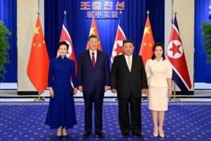 Xi Jinping, general secretary of the Communist Party of China Central Committee and Chinese president, and his wife Peng Liyuan pose for a photo with Kim Jong Un, general secretary of the Workers' Party of Korea and president of the State Affairs of the Democratic People's Republic of Korea (DPRK), and Kim's wife Ri Sol Ju, in Pyongyang, the DPRK, June 8, 2026.