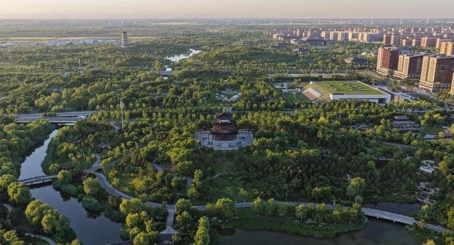An aerial drone photo taken on May 28, 2026 shows the early summer scenery at the Yuerong Park in Xiong'an New Area in north China's Hebei Province.