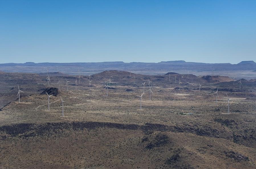 An aerial photo taken on Oct. 22, 2025 shows wind turbines of De Aar Wind Power Project in De Aar, Northern Cape, South Africa.