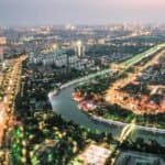 This aerial photo taken on June 14, 2023, shows a night view of the Grand Canal in Yangzhou, east China's Jiangsu Province. (Xinhua/Yang Lei)