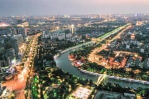 This aerial photo taken on June 14, 2023, shows a night view of the Grand Canal in Yangzhou, east China's Jiangsu Province. (Xinhua/Yang Lei)
