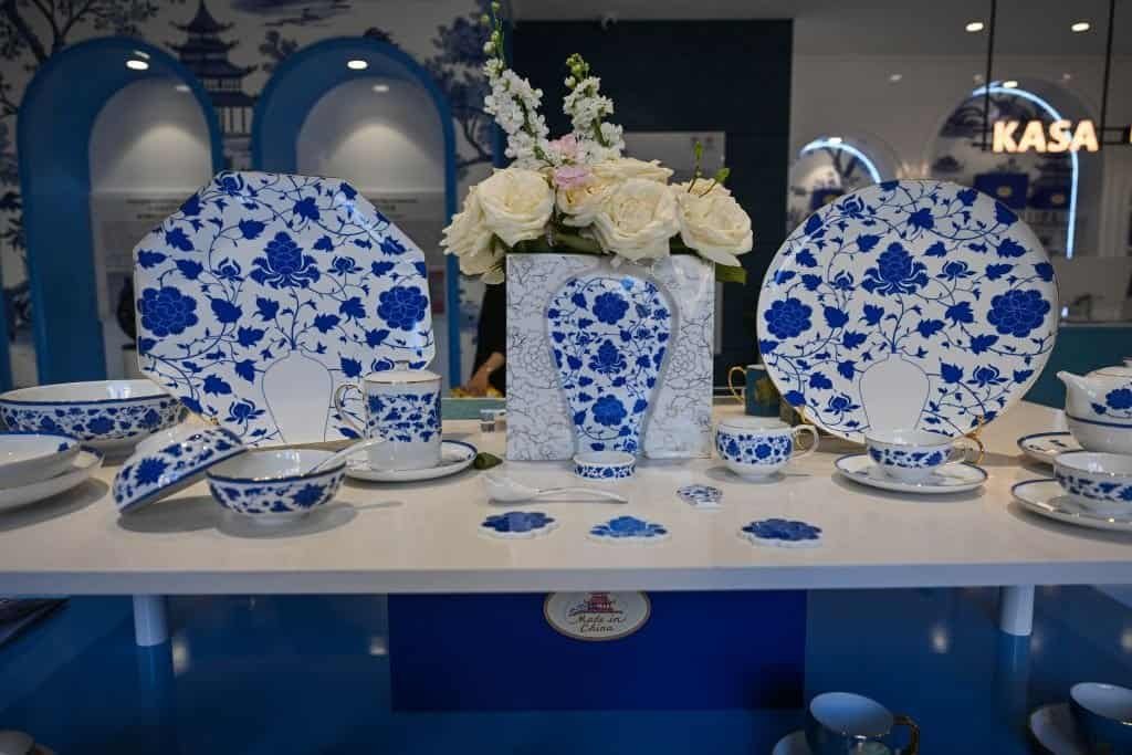Chinese porcelain wares are seen at the official Jingdezhen porcelain flagship store in Istanbul, Türkiye, May 31, 2025. (Xinhua/Liu Lei)
