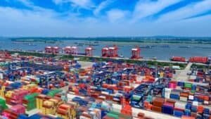 An aerial drone photo taken on May 17, 2026 shows a view of the Longtan Container Terminal at Nanjing Port, east China's Jiangsu Province. (Photo by Yang Suping/Xinhua)
