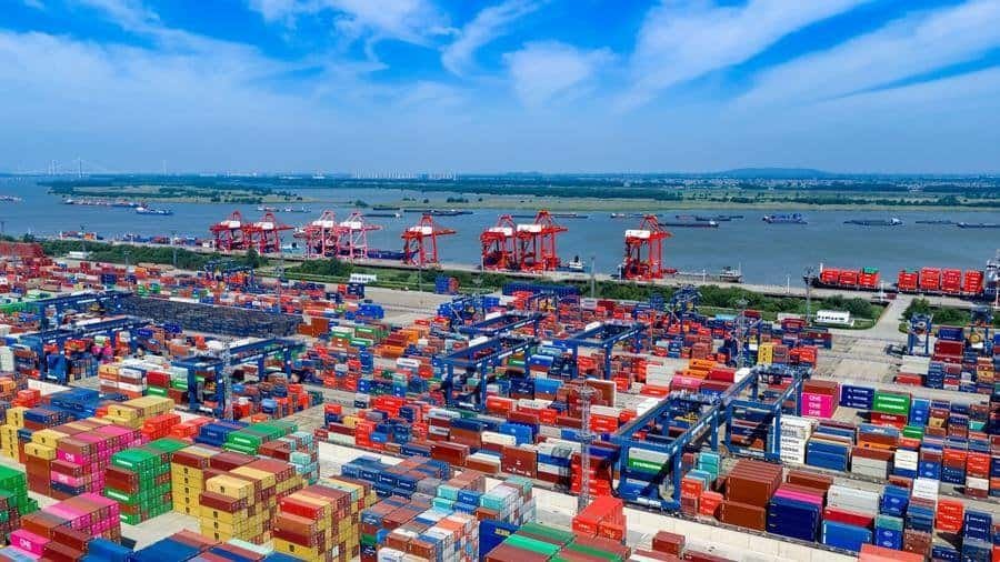 An aerial drone photo taken on May 17, 2026 shows a view of the Longtan Container Terminal at Nanjing Port, east China's Jiangsu Province. (Photo by Yang Suping/Xinhua)