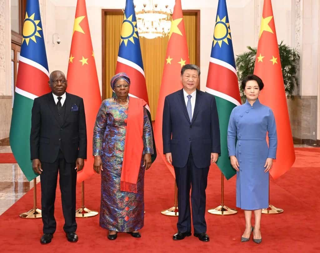 Chinese President Xi Jinping and his wife Peng Liyuan pose for a group photo with Namibian President Netumbo Nandi-Ndaitwah and her spouse Epaphras Denga Ndaitwah prior to the talks between Xi and Netumbo Nandi-Ndaitwah in Beijing, capital of China, July 10, 2026. Xi held talks with Netumbo Nandi-Ndaitwah, who is on a state visit to China, at the Great Hall of the People in Beijing on Friday. (Xinhua/Li Xiang)