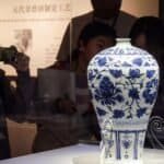 A piece of blue-and-white porcelain made in the Yuan Dynasty (1271-1368) is on display at the Jingdezhen China Ceramics Museum in Jingdezhen, east China's Jiangxi Province, May 8, 2025. (Xinhua)