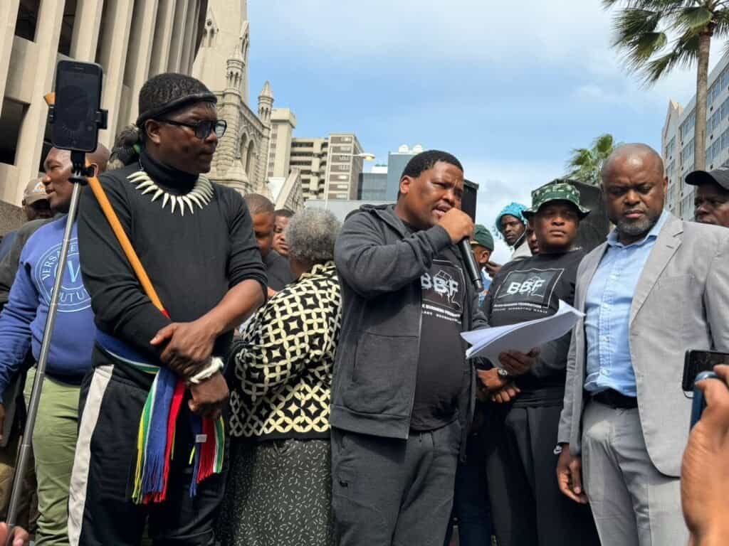 The Black Business Federation (BBF), the African Farmers' Association of South Africa (AFASA), and the newly formed South African Traditional Leaders Organisation (SATLO) march led by Wonderboy Jaca and activist Ngizwe Mchunu at IDC offices in KZN