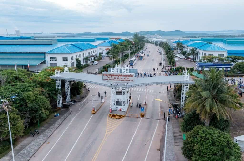 An aerial drone photo taken on May 22, 2025 shows the entrance of the Sihanoukville Special Economy Zone in Sihanoukville, Cambodia, a flagship project under the Belt and Road Initiative. (Photo by Nitola/Xinhua)