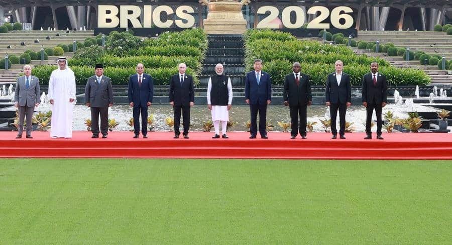 Leaders of the BRICS countries pose for a group photo during the Session I of the 18th BRICS Summit in New Delhi, India, Sept. 12, 2026. (Xinhua/Wang Ye)