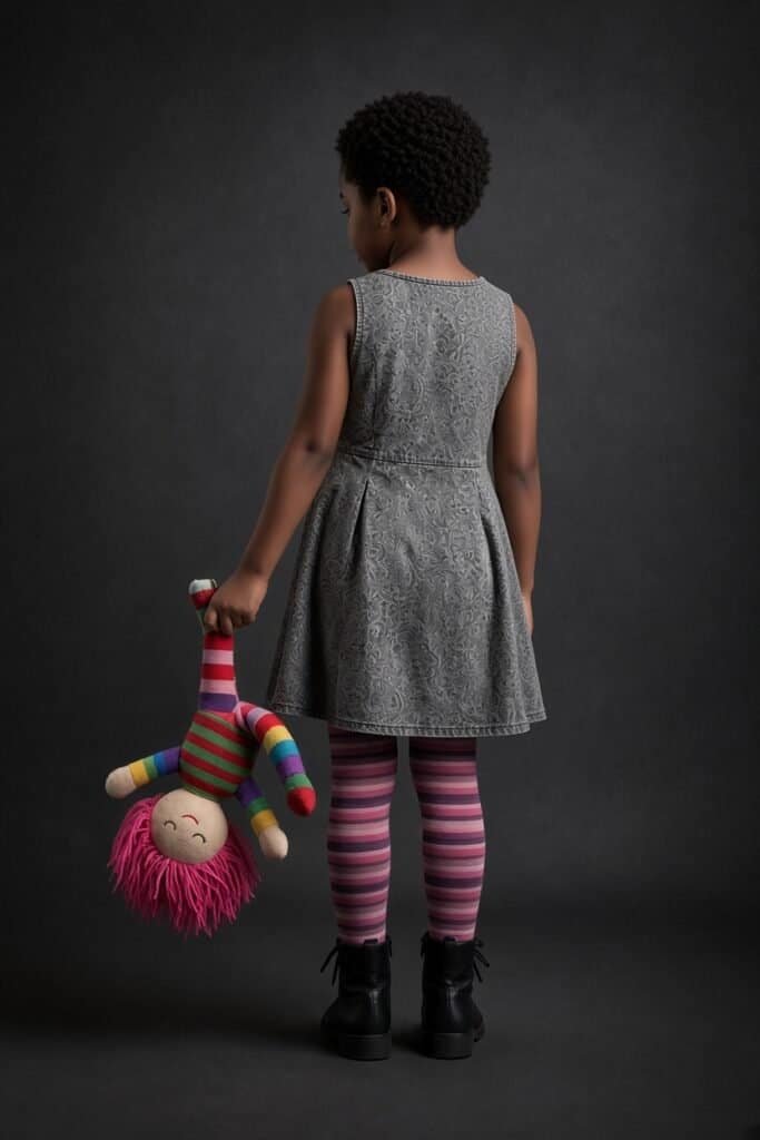 Young girl with curly hair in a gray dress holding a colorful doll.