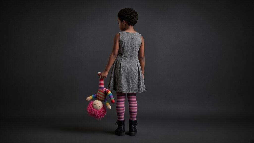 Young girl with curly hair in a gray dress holding a colorful doll.