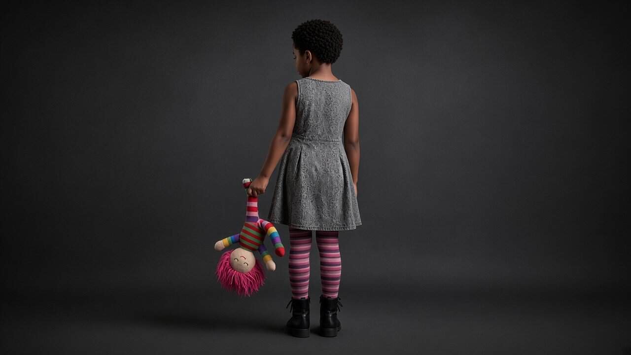 Young girl with curly hair in a gray dress holding a colorful doll.