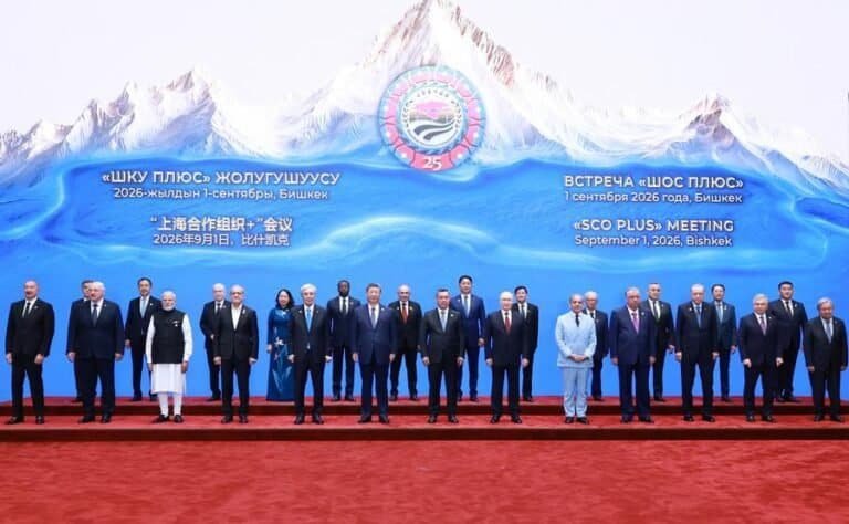 Chinese President Xi Jinping attends a group photo session ahead of the "Shanghai Cooperation Organisation (SCO) Plus" meeting in Bishkek, Kyrgyzstan, Sept. 1, 2026. (Xinhua/Wang Ye)