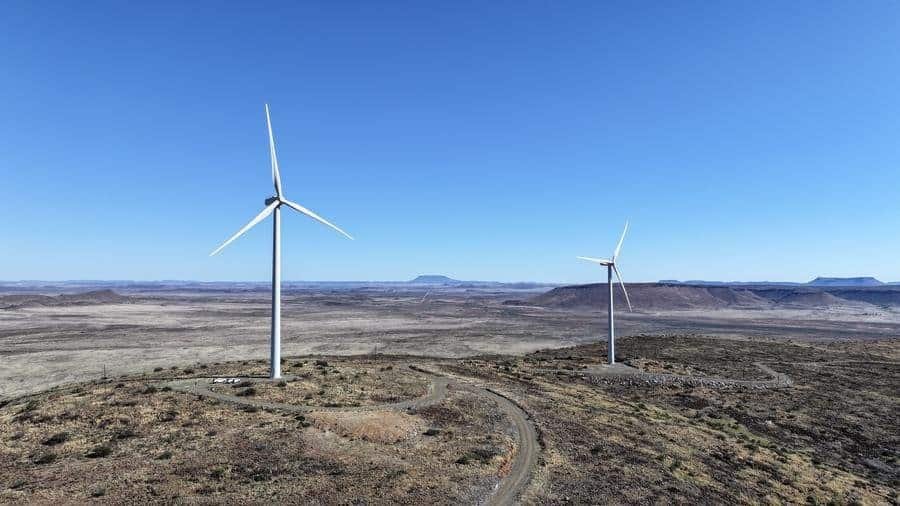 An aerial photo taken on Oct. 22, 2025 shows wind turbines of De Aar Wind Power Project in De Aar, Northern Cape, South Africa. (Xinhua/Han Xu)