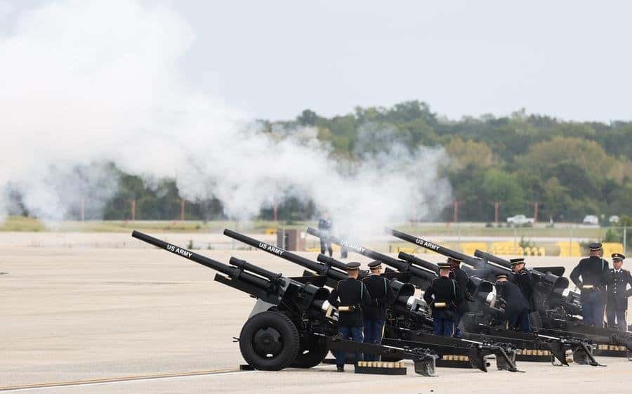 A gun salute is fired to welcome Chinese President Xi Jinping upon his arrival at Joint Base Andrews for a state visit to the United States at the invitation of U.S. President Donald Trump, Sept. 23, 2026. (Xinhua/Yao Dawei)