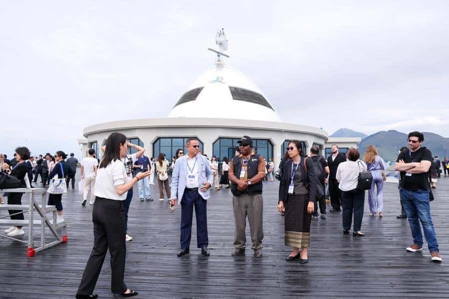 Guests visit the Hong Kong-Zhuhai-Macao Bridge Blue Dolphin Island in Zhuhai, south China's Guangdong Province, Sept. 3, 2026. (Xinhua/Liang Xu)