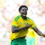 Ime Okon, Bafana Bafana defender celebrating his goal against Guinea at Orlando Amstel Arena last Saturday. Photo: Supplied