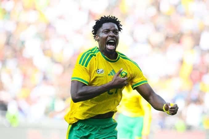 Ime Okon, Bafana Bafana defender celebrating his goal against Guinea at Orlando Amstel Arena last Saturday. Photo: Supplied