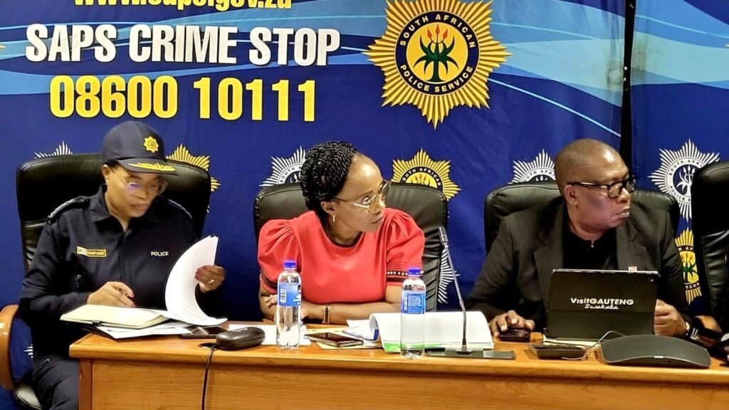Minister of Women, Youth and Persons with Disabilities Sindisiwe Lydia Chikunga with Gauteng Premier Panyaza Lesufi and Acting SAPS National Commissioner Lt General Puleng Dimpane on Tuesday night. Police announced on Tuesday night that an eighth woman had been found dead, taking the number of women whose deaths are being investigated to eight. Photo: SAPS