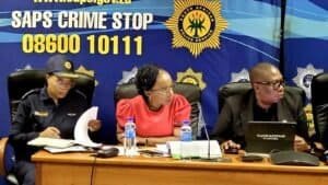 Minister of Women, Youth and Persons with Disabilities Sindisiwe Lydia Chikunga with Gauteng Premier Panyaza Lesufi and Acting SAPS National Commissioner Lt General Puleng Dimpane on Tuesday night. Police announced on Tuesday night that an eighth woman had been found dead, taking the number of women whose deaths are being investigated to eight. Photo: SAPS