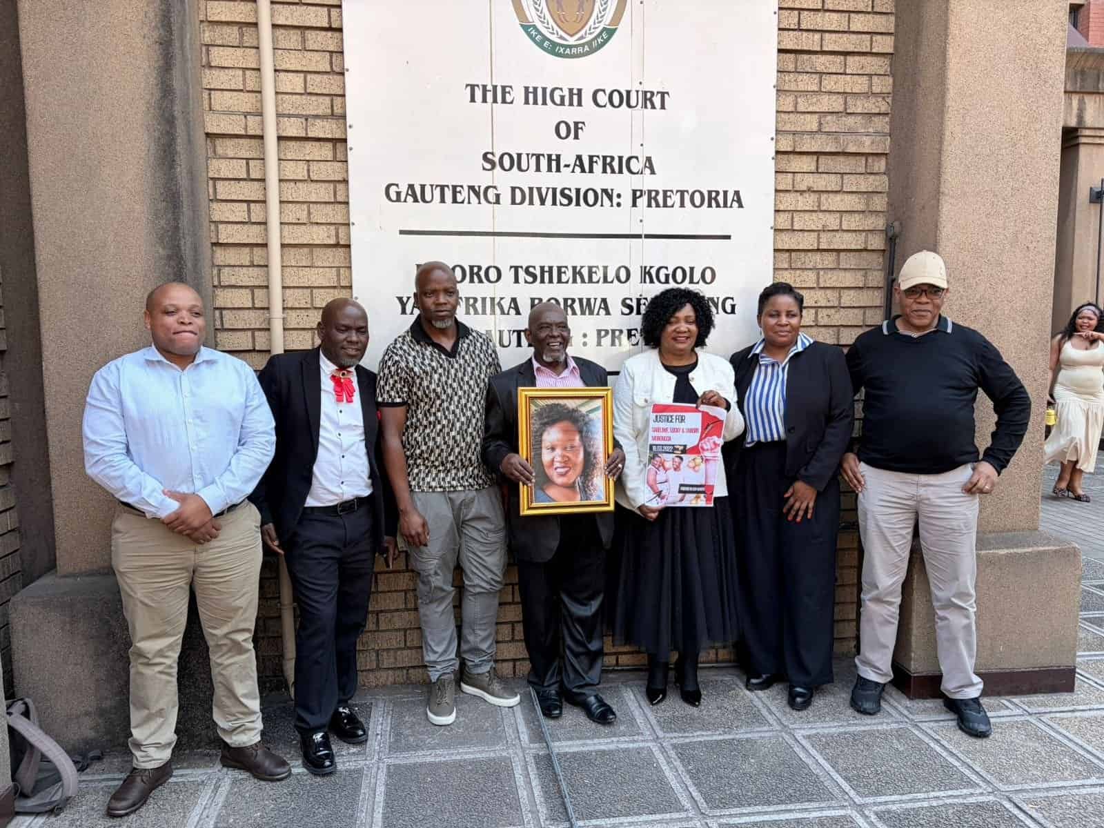 The investigating team with Sabeiliwe Mogashoa's parents, Rachel Zwane and Dumisani Zwane, outside the Pretoria High Court on Wednesday. Photo: Supplied