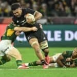 New Zealand’s No 8, Ardie Savea, attacked by the South Africa scrum-half Morne van den Berg. Getty Images