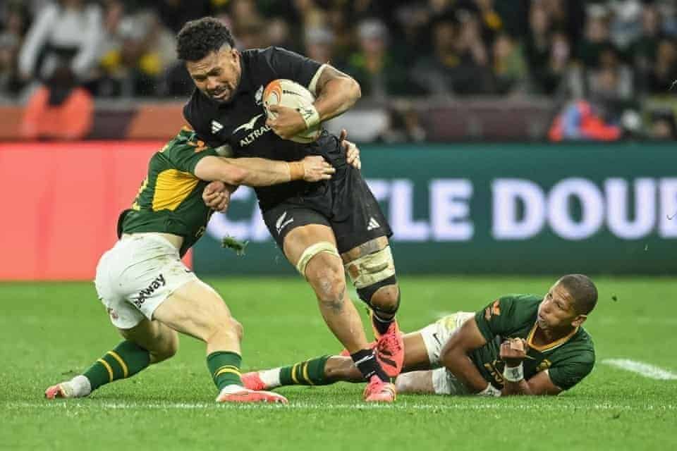 New Zealand’s No 8, Ardie Savea, attacked by the South Africa scrum-half Morne van den Berg. Getty Images