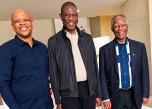 Former President Thabo Mbeki has paid a courtesy visit to Deputy President Paul Mashatile. Mbeki was accompanied by Thabo Mbeki Foundation chief executive officer Max Boqwana. Photo: Supplied
