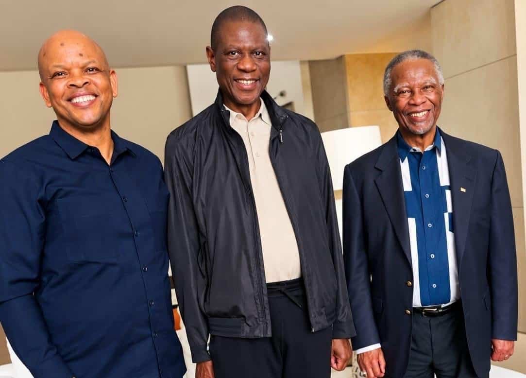 Former President Thabo Mbeki has paid a courtesy visit to Deputy President Paul Mashatile. Mbeki was accompanied by Thabo Mbeki Foundation chief executive officer Max Boqwana. Photo: Supplied