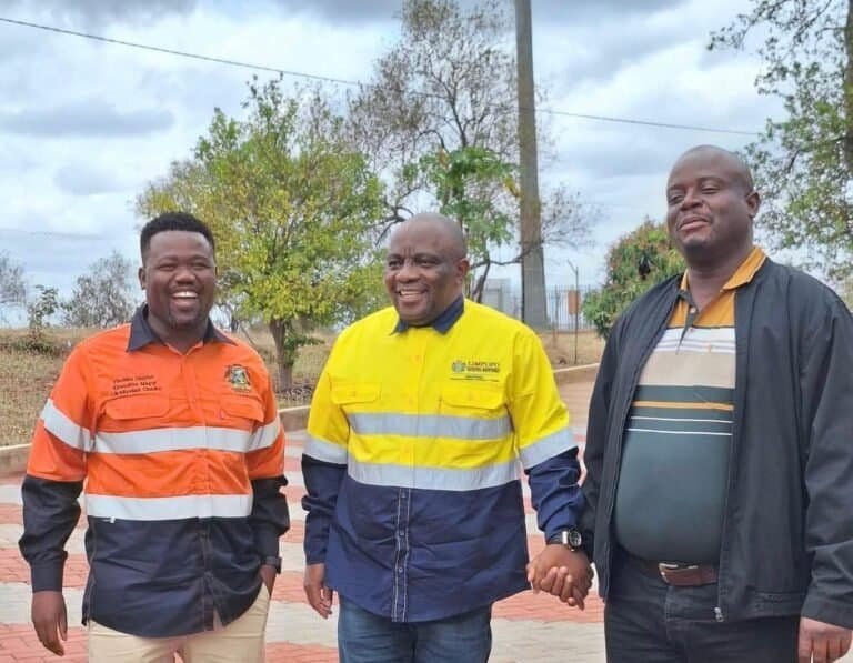 Limpopo MEC for Economic Development, Environment and LEDET Tshitereke Matibe, Vhembe District Municipality Executive Mayor Miyelani Chauke and Hosi Mtititi, Samuel Chauke at the Mtititi Gold Mine in Malamulele, Limpopo.