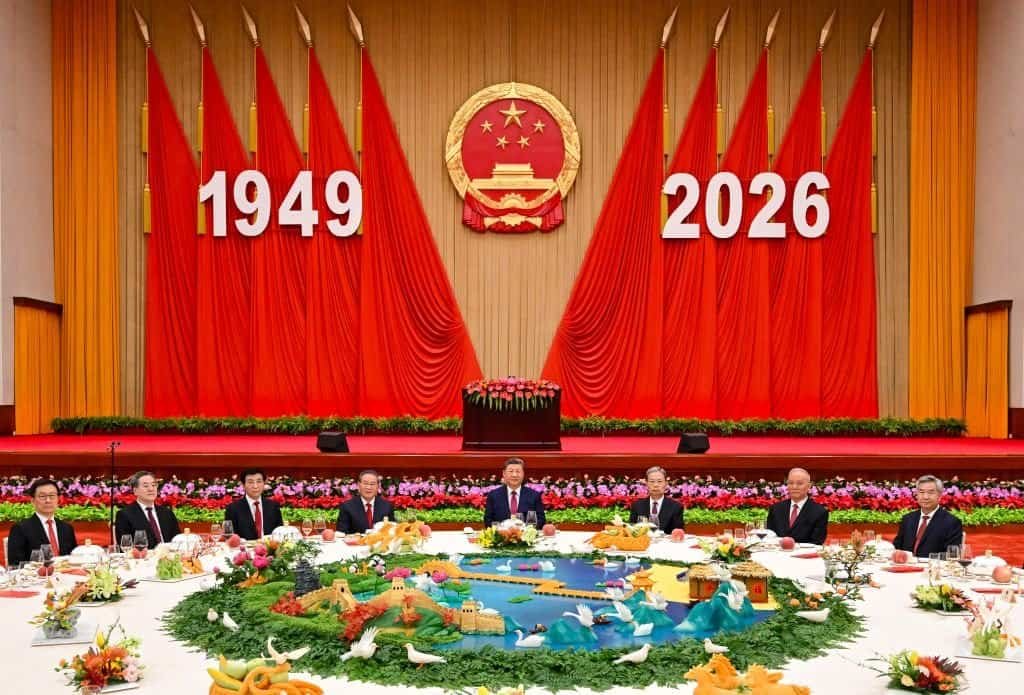The Communist Party of China and state leaders Xi Jinping, Li Qiang, Zhao Leji, Wang Huning, Cai Qi, Ding Xuexiang, Li Xi and Han Zheng attend a reception to celebrate the 77th anniversary of the founding of the People's Republic of China along with around 800 guests at the Great Hall of the People in Beijing, capital of China, Sept. 30, 2026. (Xinhua/Yan Yan)