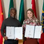 TV BRICS CEO and Editor-in-Chief Janna Tolstikova and Professor Fulufhelo Netswera, the Acting Vice Chancellor of the University of Venda, who also heads the BRICS Research Institute in South Africa.
