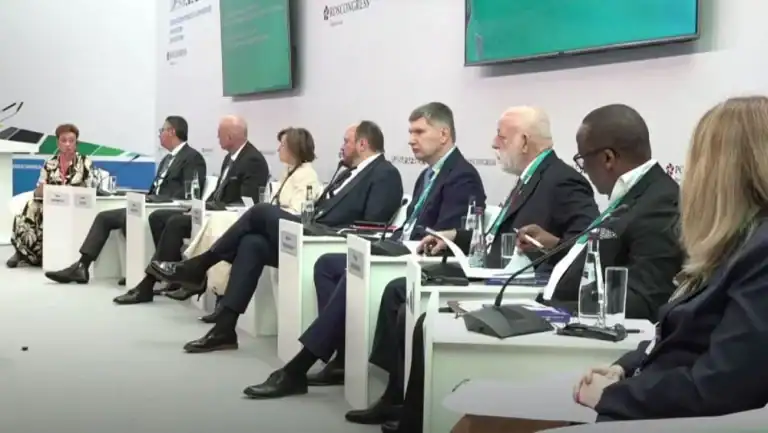 Russian Minister of Economic Development Maksim Reshetnikov at the session "The BRICS Platform as a Catalyst for Russian-African Business Cooperation" at the Russia–Africa Economic and Humanitarian Forum in Moscow.