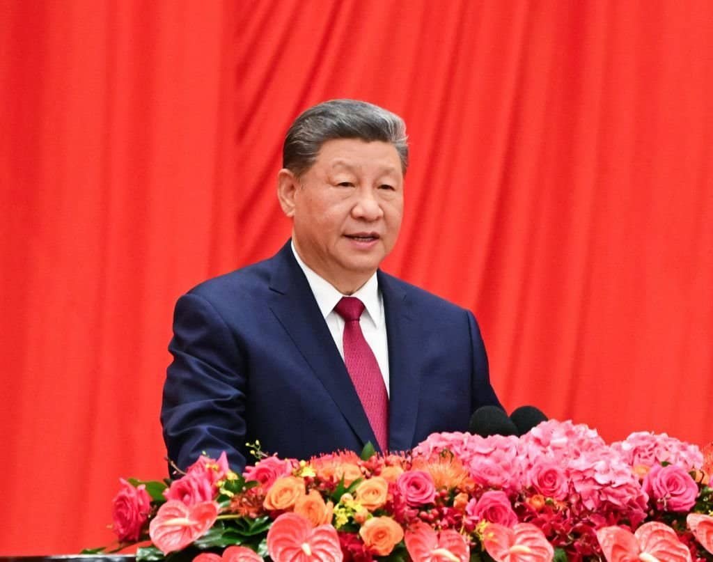 Chinese President Xi Jinping, also general secretary of the Communist Party of China Central Committee and chairman of the Central Military Commission, delivers an important speech at a reception to celebrate the 77th anniversary of the founding of the People's Republic of China at the Great Hall of the People in Beijing, capital of China, Sept. 30, 2026. (Xinhua/Xie Huanchi)