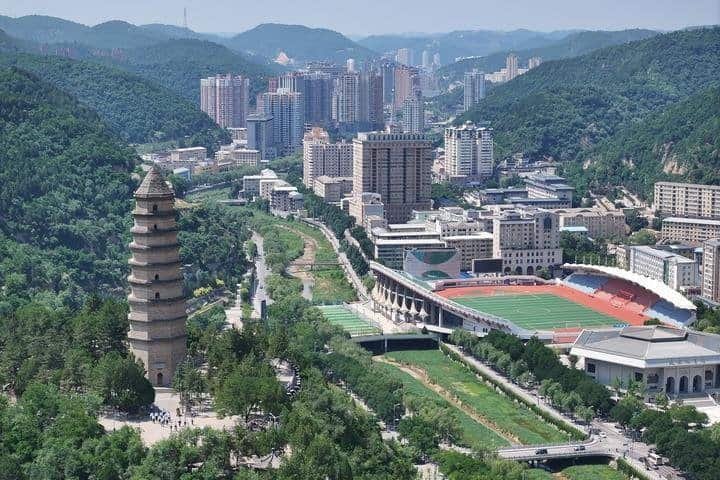A drone photo taken on June 16, 2026 shows a view of Yan'an in northwest China's Shaanxi Province. (Xinhua/Shao Rui)